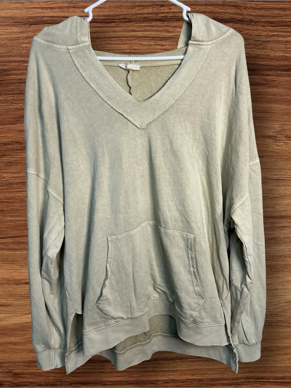 Easel Oversized V-Neck Hoodie Sweater in Beige